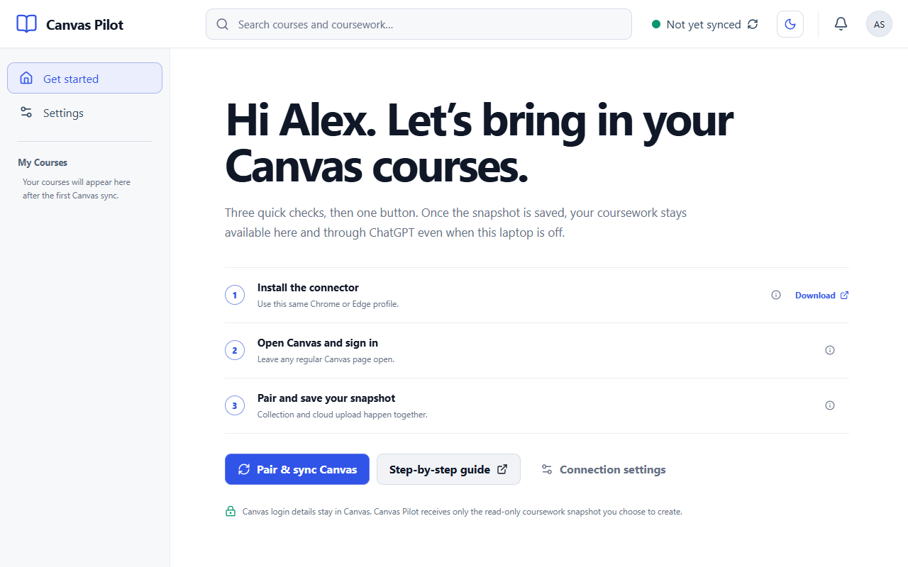 Canvas Pilot first-sync screen with the connector checklist and Pair and sync Canvas button